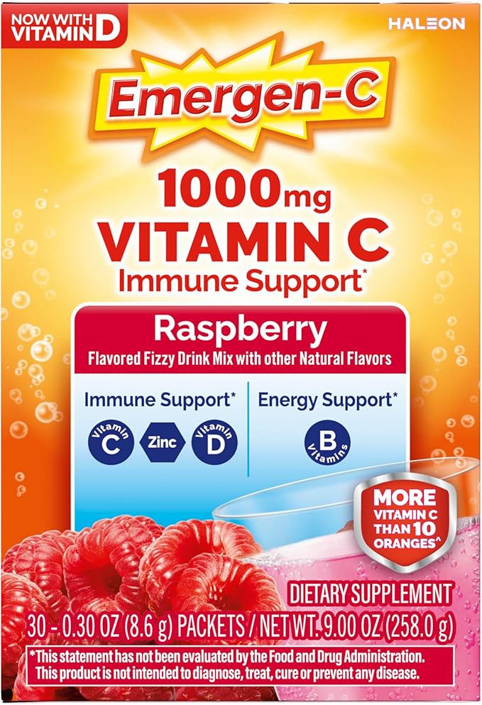 Emergen-C 1000mg Vitamin C Immune Support Powder Raspberry 30CT includes Zinc, Manganese, 7 B Vitamins and Electrolytes for Back to School Essentials