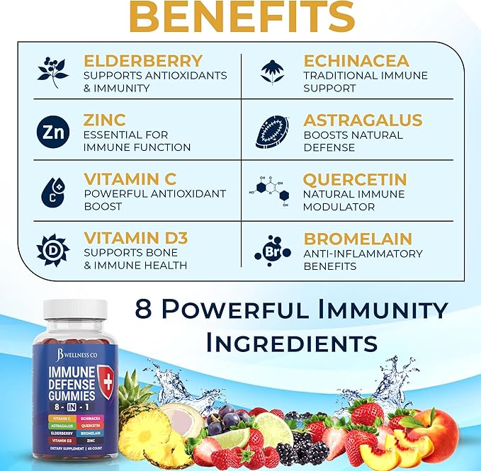 JB Wellness Co 8 in 1 Immune Defense Booster Supplement Gummies with Astragalus Root, Vitamin C and Zinc, Vitamin D3, Elderberry and Quercetin (2 Pack)