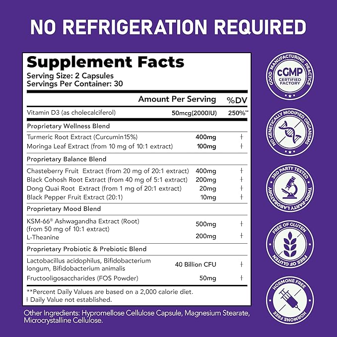 Menopause Supplements for Women with Black Cohosh 5:1 Extract - Hormone Harmony for Hot Flashes, Night Sweats, Mood Swings & Bloating - 30 Servings