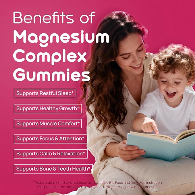 Magnesium Glycinate Gummies for Kids & Adults Melatonin Free Calm Magnesium Gummies with Citrate, Malate, B6, D3, Calcium & L-Theanine for Sleep Relaxation, Bone & Muscle Magnesium for Kids | 60 Count