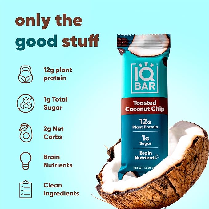 IQBAR Clean Plant Protein Bars - Toasted Coconut Chip - 12 Count - Keto, Vegan, High Fiber, Gluten and Dairy Free, Low Sugar Snack - Brain and Body Nutrients for Focus, Energy, Meal Replacement