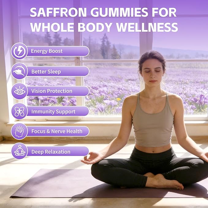 Saffron Gummies for Adults & Kids, Saffron Supplements with 88.5mg Saffron Extract, Ashwagandha, L-Theanine for Relaxation, Focus and Mood Support, Sugar Free, 60 Count