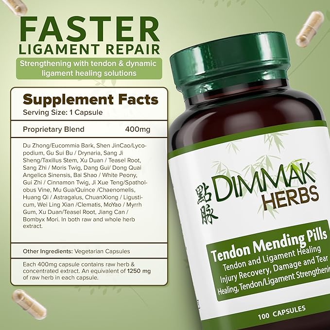 Dimmak Herbs Tendon Mending Pills- Tendon & Ligament Support- Advanced Mobility Formula for Stiffness, Rotator Cuff & Achilles Recovery- Daily Soft Tissue & Injury Repair- Vegan TCM Formula