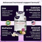 Women’s DIM Complex 150mg - Bioperine Estrogen Balancing Pills for Menopause & Hot Flashes Relief Support Hormonal Acne Powerful Supplement - 60 Capsules - Made in USA