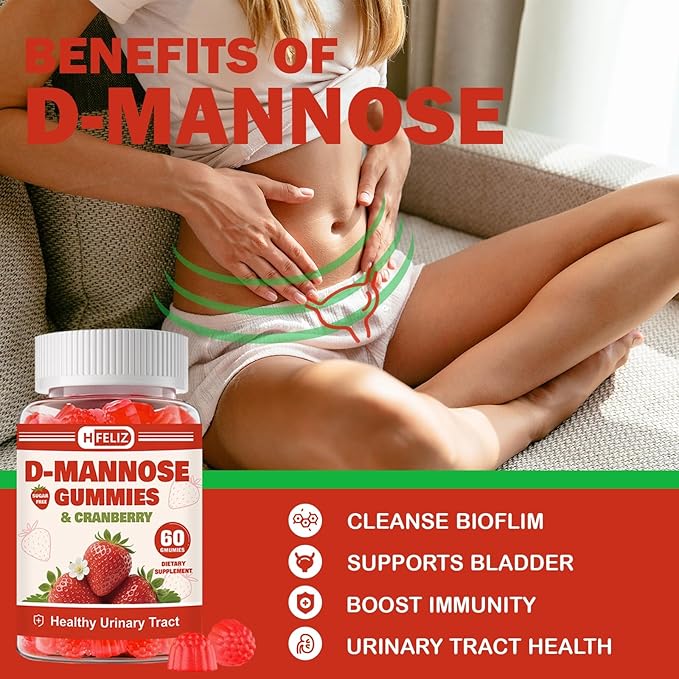 D Mannose with Cranberry Gummies, D-Mannose Supplements 1300mg for Women, Support Natural Urinary Tract & Bladder Health, Sugar-Free, 60 Count