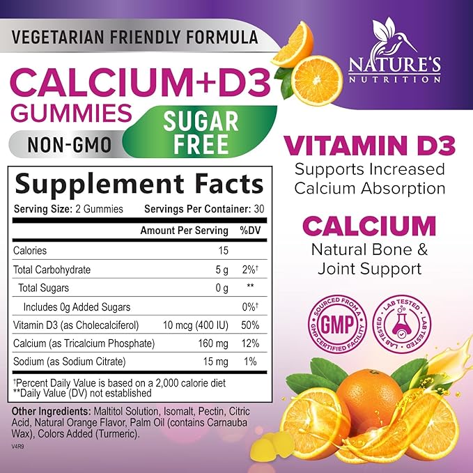 Calcium Supplement Gummies - Sugar Free Calcium Gummy with Vitamin D3 for Best Absorption - Supports Immune Health, Bones & Teeth - Nature's Calcium Chews for Women & Men - Orange Flavor - 60 Gummies