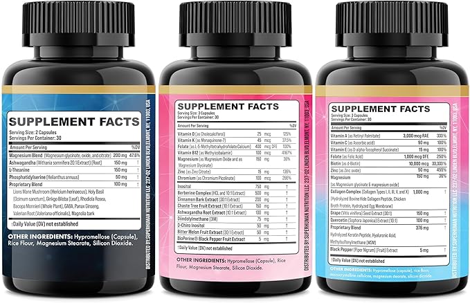 She Shines Set - Collagen Peptides Types I, II, III, V, X, Biotin, Keratin, Myo Inositol & D-Chiro Inositol, Berberine, Cortisol Support, Magnesium, Ashwagandha, L-Theanine, Lions Mane