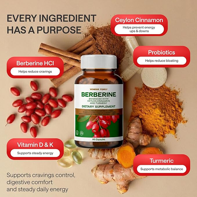 Berberine 500 mg GLP-1 Weight Loss Supplement – Berberine HCl with Ceylon Cinnamon, Probiotics, Vitamin D3 & K2 – Glucose Metabolism & Appetite Support – 1 Pack - 60 Capsules