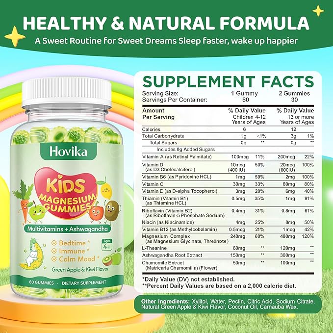 Magnesium Gummies for Kids - Magnesium Glycinate Gummies with L-Theanine, Chamomile & Multivitamins for Sleep, Calm & Focus - Green Apple & Kiwi Center-Filled Gummies 60 ct