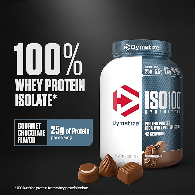 Dymatize ISO100 Hydrolyzed Protein Powder, 100% Whey Isolate Protein, 25g of Protein, 5.5g BCAAs, Gluten Free, Fast Absorbing, Easy Digesting, Gourmet Chocolate, 3 Pound (42 Servings)