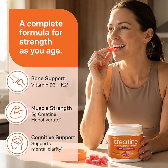 Zena Nutrition Creatine Gummies with D3 & K2, Creatine Monohydrate for Men and Women, Supports Bone, Muscle, & Cognitive Health, Gummy Workout Supplement, Watermelon Flavor, 150ct, 30 Daily Servings