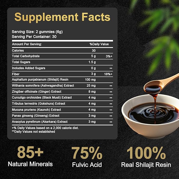 Shilajit Gummies, Form Himalayan Shilajit, with Ashwagandha Gokshura, No Added Sugar Non-GMO 100% Natural & Organic, Fulvic Acid & 85+ Trace Minerals for Men, Women | 60 Gummy