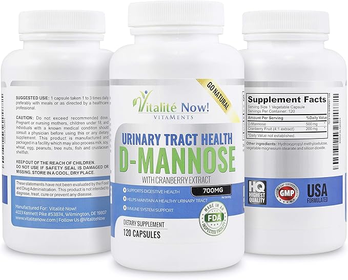 High Strength Pure D-Mannose with Cranberry Extract for Natural Urinary Tract Infections and UTI Support - Digestive Health - Immune System Support - 700mg - Non-GMO - 120 Pills
