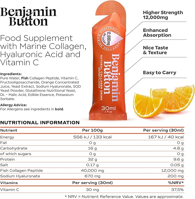12,000mg Marine Collagen Liquid Shots| High Strength Hydrolyzed Marine Collagen Peptides w/Hyaluronic Acid & Vitamin C for Skin, Hair & Joints | Orange, 14 Daily Servings 30ml