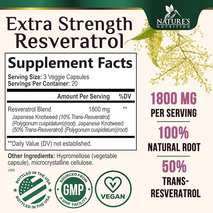 Resveratrol Supplement - 1800mg Per Serving Extra Strength Resveratrol Blend - Antioxidant Blend for Healthy Aging, Heart Health, Cellular Energy & Immune Support - Bottled in USA - 60 Capsules