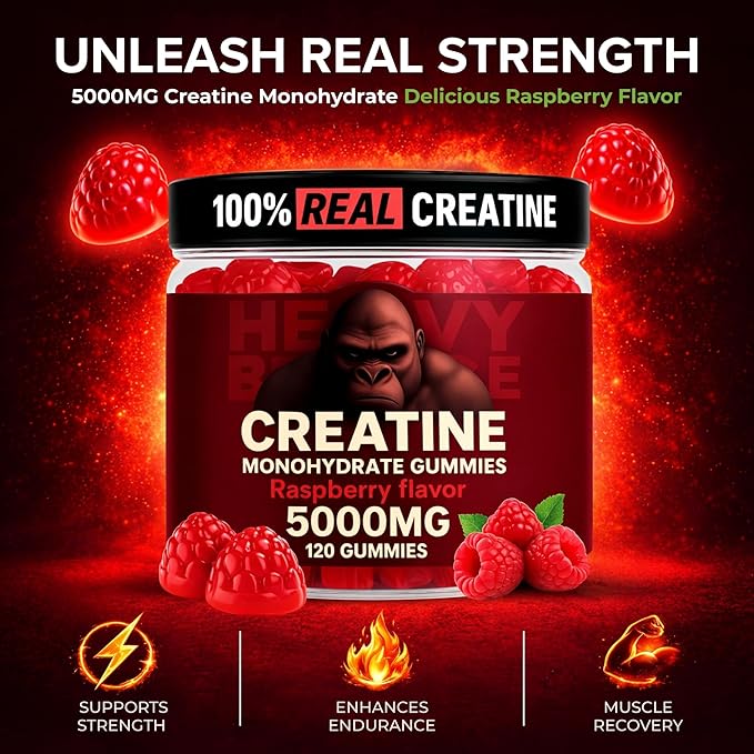Creatine Monohydrate Gummies 5g Sugar Free Creatine with Vitamin B12 and L-Taurine | Muscle Growth for Men and Women | Low Calorie Formula 120 Gummies for 30 Servings, Raspberry