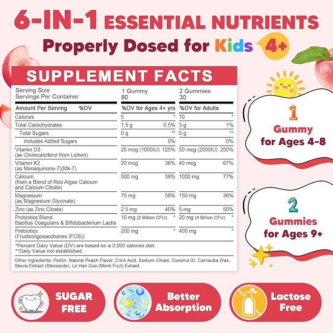 Calcium Citrate Gummies for Kids & Women - 500/1000mg Calcium Supplement with Vitamin D3 K2, Magnesium, Zinc, Probiotics & Prebiotics, Extra Absorption Algae Calcium For Bone, Muscle, Sugar Free 60Cts