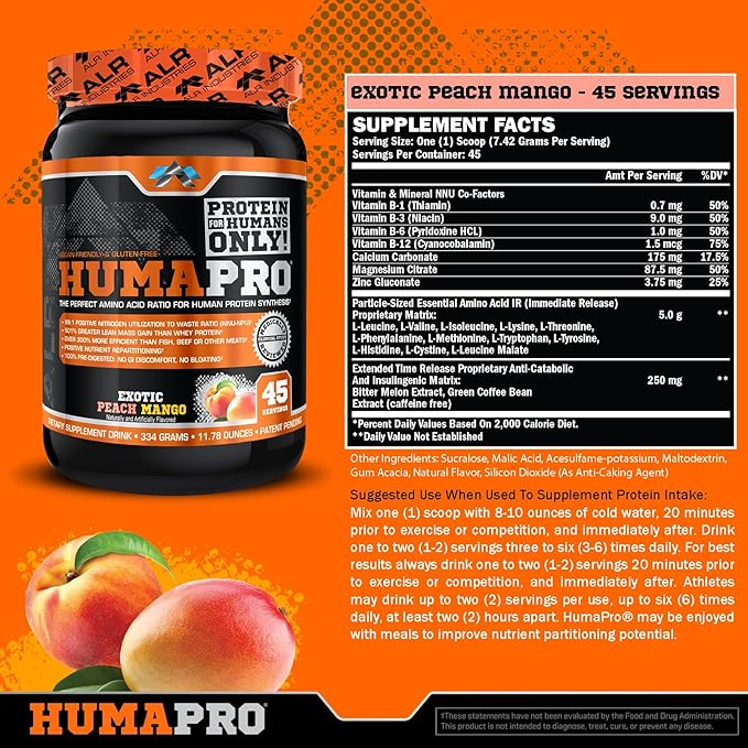 HumaPro Essential Amino Acid Formula | EAA Protein Supplement | Supports Muscle Recovery & Performance | Vegan, Gluten Free | | 45 Servings (Exotic Peach Mango)