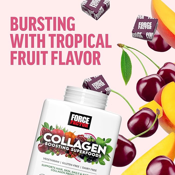 FORCE FACTOR Collagen Boosting Superfoods, Vegan Collagen Booster for Women, With Biotin, Hyaluronic Acid, and Vitamin C, For Hair, Skin, Nails, & Joint Support, Tropical Fruit, 180 Soft Chews, 3-Pack