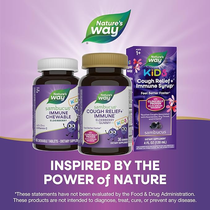 Nature’s Way Sambucus Kids Cough Relief +(1) Immune Gummy*, Feel Better Faster(1), Clinically Proven South African Geranium, with Elderberry, Vitamin C & Zinc, Gluten Free, Vegetarian, 36 Gummies