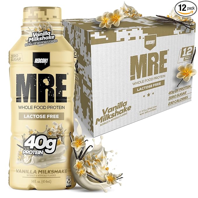 REDCON1 MRE Ready to Drink Protein Shake, Vanilla Milkshake - Lactose Free RTD 40gr Protein Made with Real Whole Food Protein Blends - Easy to Digest Nutritional Shake (12 Pack)