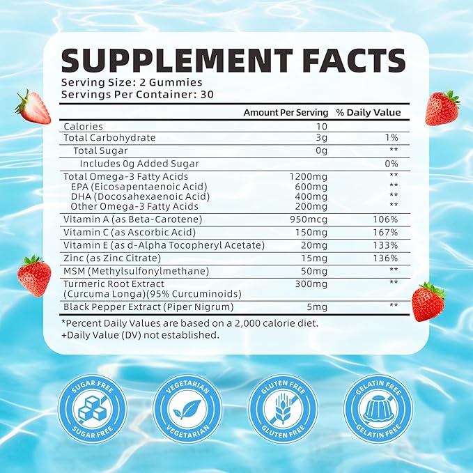 softbear Omega 3 Gummies for Women & Men & Kids Omega 3 Supplements 1200mg Vegan Omega 3 Fatty Acids DHA EPA with Vitamins Support Eye & Brain Health, Sugar Free, Strawberry Flavor 60 Count