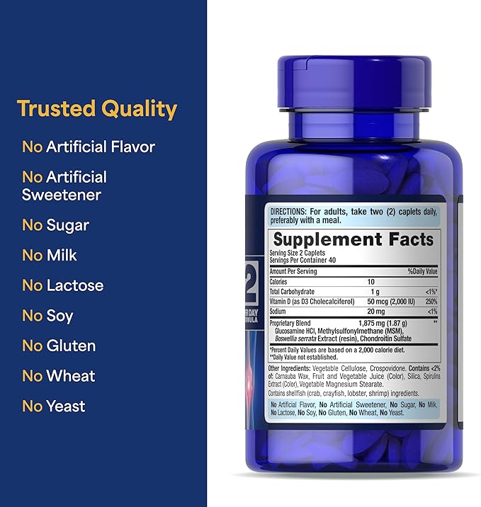Puritan's Pride Advanced Glucosamine Chondroitin MSM With Vitamin D3 50mcg (2000 IU), Dietary Supplement for Joint Health, 80 Coated Tablets