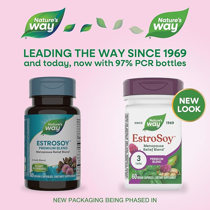 Nature's Way EstroSoy, Menopause Relief Blend*, Helps Relieve Menopausal Symptoms*, Black Cohosh, Fermented Soy Extracts, Red Clover, 60 Vegan Capsules (Packaging May Vary)