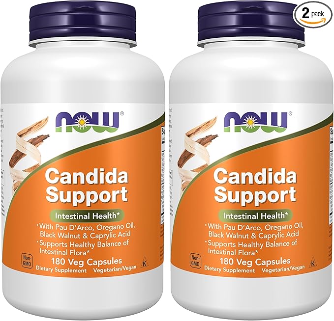 NOW Foods Supplements,Candida Support with PAU D'Arco,Oregano Oil,Black Walnut & Caprylic Acid,180 Veg Capsules,(Pack of 2)