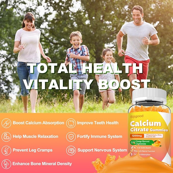 Calcium Citrate Gummies, Calcium Supplements for Women & Men, High Absorption Calcium Gummies with Vitamin D3, Magnesium & Zinc for Muscle, Bone & Immune Support, Orange Flavor, 60 Count