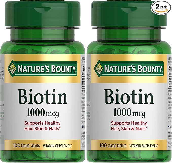 Nature's Bounty Biotin, Supports Metabolism for Energy and Healthy Hair, Skin, and Nails, 1000 mcg, 100 Tablets (Pack of 2)