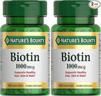 Nature's Bounty Biotin, Supports Metabolism for Energy and Healthy Hair, Skin, and Nails, 1000 mcg, 100 Tablets (Pack of 2)