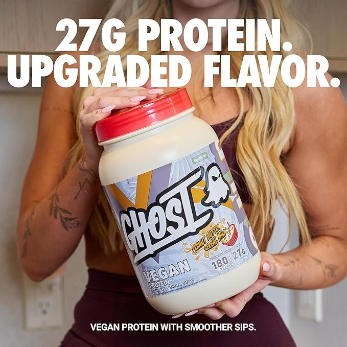 GHOST Vegan V2 Protein Powder, Peanut Butter Cereal Milk – 2.8LB Tub, 27G of Protein - Plant-Based Pea & Organic Pumpkin Blend Protein with Fiber & Iron Flavored Post Workout Shakes - Soy, Gluten Free