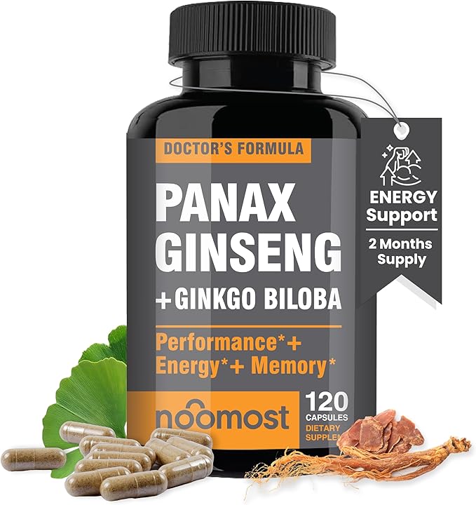 NooMost Authentic Korean Red Panax Ginseng + Ginkgo Biloba, 120 Vegan Capsules, Ginseng Root Extract Powder 1000mg (10% Ginsenosides) + Gingko Biloba 60mg, Energy and Focus Pills for Men and Women