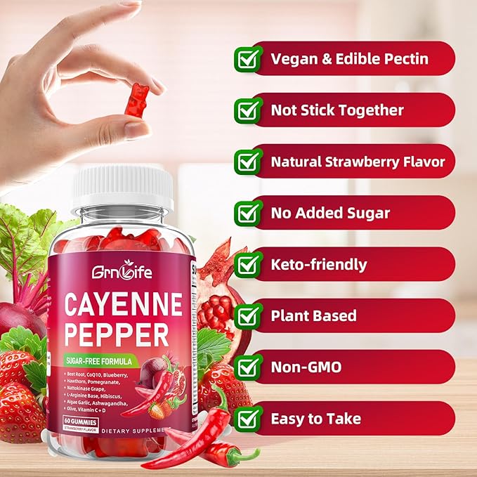 2 Pack Cayenne Pepper Beet Root Gummies, with Beetroot Garlic CoQ10 Hawthorn Berry Grape Seed Extract Olive Leaf Nattokinase Hibiscus Vitamin D Nitric Oxide, Support Overall Wellness, 120 Count