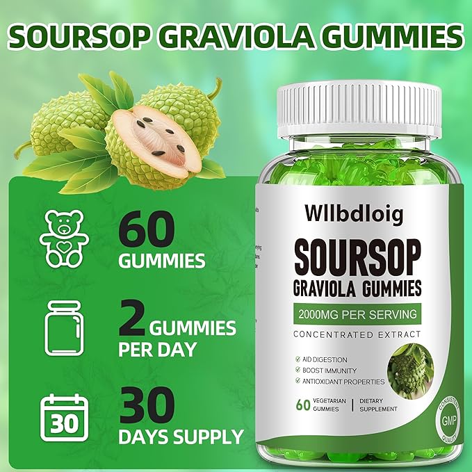 Soursop Graviola Gummies Soursop Leaves Extract- Natural Sour SOP Gummy w/Zinc & Vitamin C-Supports Immunity,Antioxidant,Liver & Digestive,Gluten Free,Vegan,60 Gummies