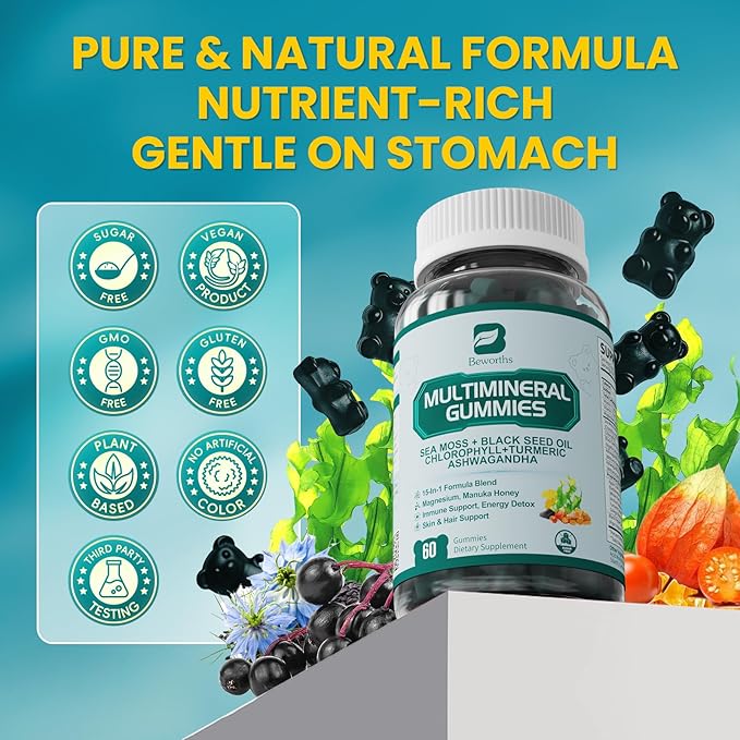 Sea Moss Gummies with Ashwagandha & Chlorophyll, Immune, Digestive and Gut Detox Support, Powered by Black Seed Oil, Vitamin C, Vitamin D & Magnesium, GMO, Vegan, Apple Flavor, 120 SeaMoss Gummies