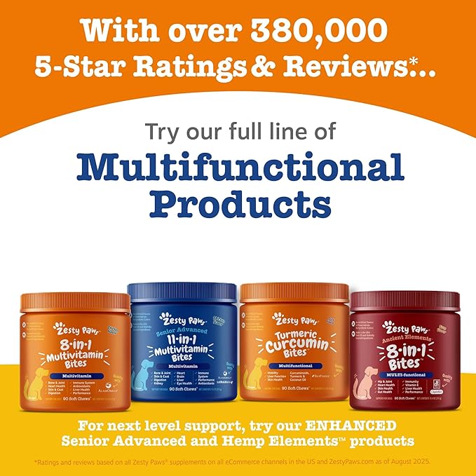 Zesty Paws Dog Multivitamin, Chewable Dog Vitamins and Supplements for Hip & Joints, Skin & Coat, Omega 3 Fish Oil for Dogs- Senior & Puppy Multivitamin - Bison- 90ct