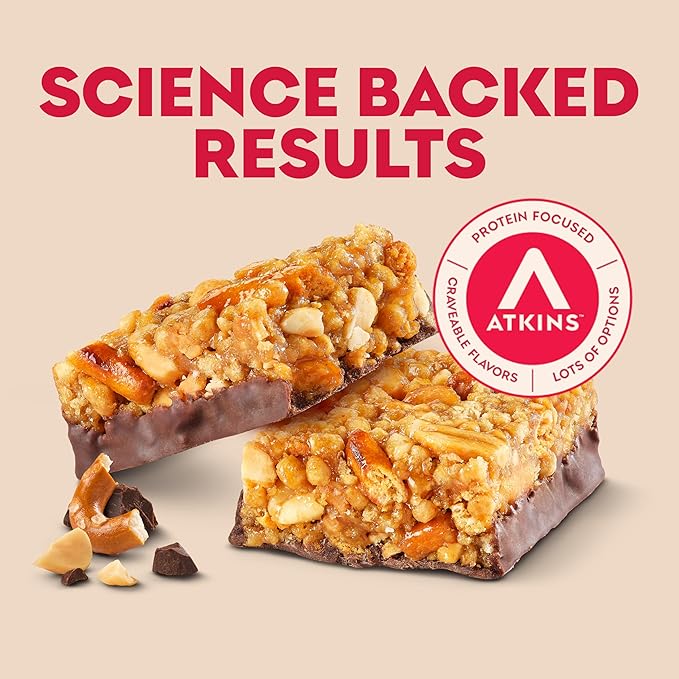 Atkins Chocolate Peanut Butter Pretzel High Protein Bar, High Fiber, 16g Protein, 1g Sugar, 4g Net Carbs, Keto Friendly, 12 Count