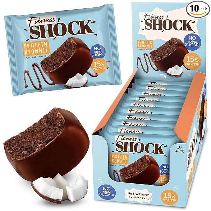 Fitness SHOCK Coconut Protein Brownie - No Added Sugar, 7.5g Protein, Low Carb Guilt-Free Dessert - 0g Added Sugar, 10g Net Carbs, 5g Fiber, Non-GMO, Almond Flour - 10 x 50g
