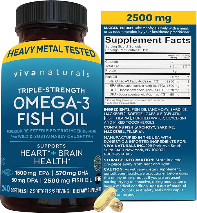 Viva Naturals Omega 3 Fish Oil Supplement for Women and Men - 2500 mg Triple Strength Fish Oil Pills with Re-Esterified Omega 3 Fatty Acids Including EPA, DHA DPA - 240 Pescatarian-Friendly Softgels