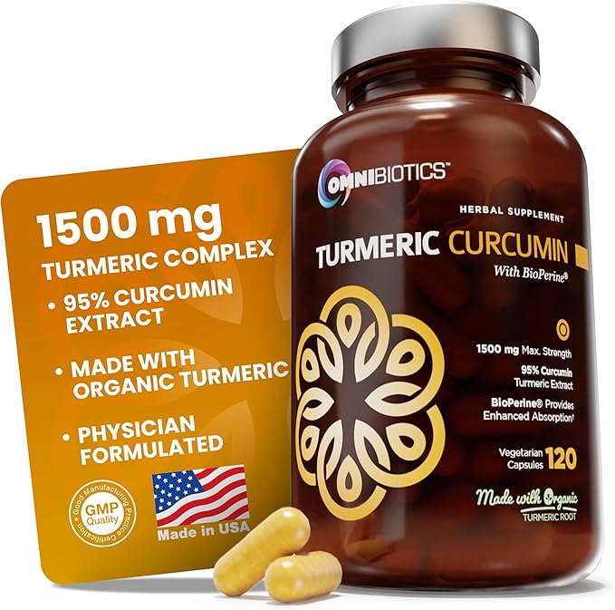 OmniBiotics Organic Turmeric Curcumin Supplement with Black Pepper Extract – 1500mg Turmeric with 95% Curcuminoids & BioPerine, High Absorption for Joint Support – 120 Vegan Capsules
