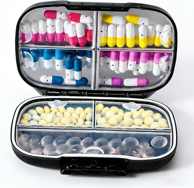 ZeehoTravel Pill Organizer Weekly with Double Lock, 7-Day Large Capacity Medicine Case, Waterproof with Triple Protection, 7 Compartments,Airtight Daily Container with Labels for Vitamins/Supplements