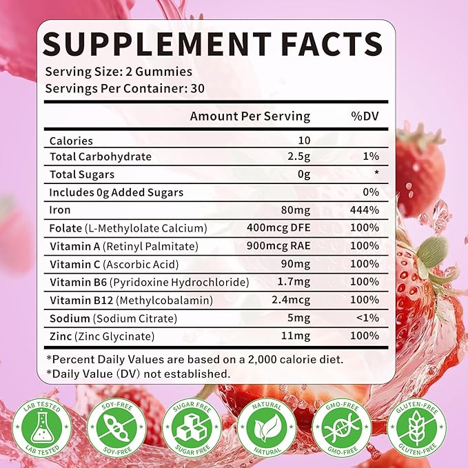 Iron Supplement Gummies for Women & Men, Vegan Iron Gummies with Vitamin C, A, B-Complex, Folate, Zinc for Blood Building & Energy Support, Strawberry Flavor, 60 Count