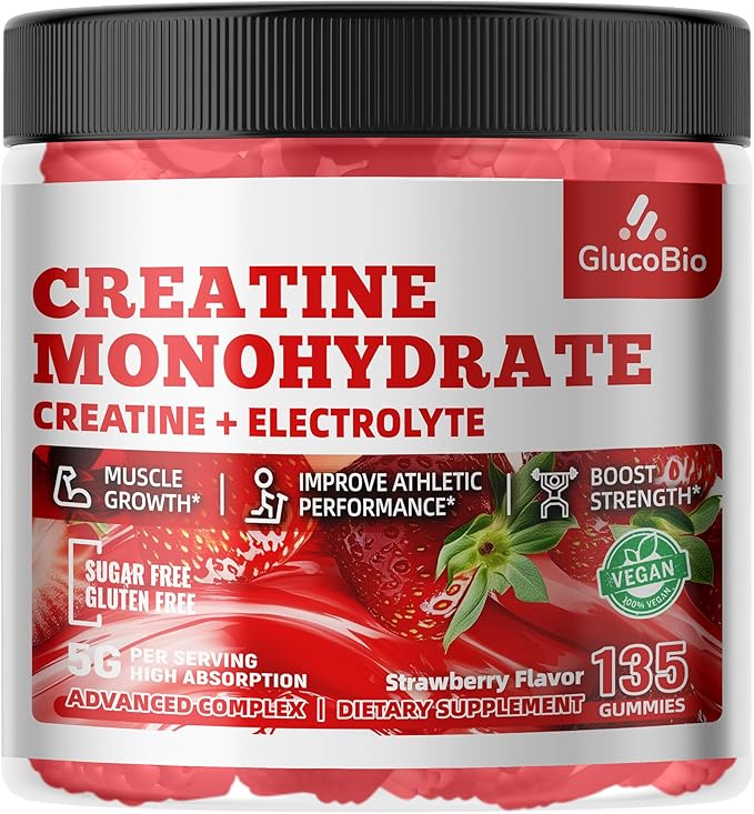 Creatine Monohydrate Gummies (5g) – Pre-Workout Energy & Muscle Growth Support for Men & Women | Strawberry Electrolyte Gummies (135 Count)