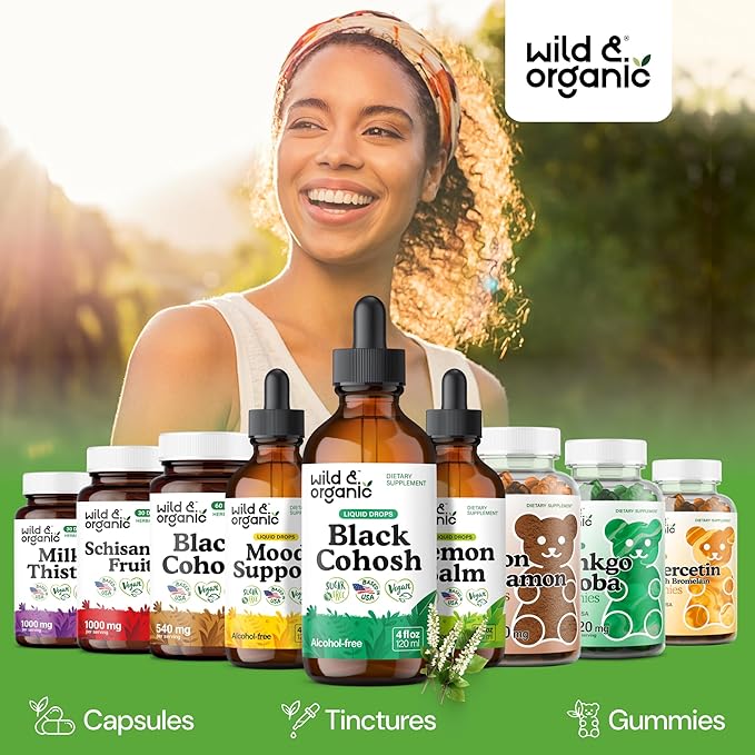 Wild & Organic Black Cohosh Supplements - Menopause Supplements for Women - 540 mg Black Cohosh Root Extract Tincture - Add to Tea Drops - 5-Month Supply - Vegan, Sugar & Alcohol-Free - 4 fl oz
