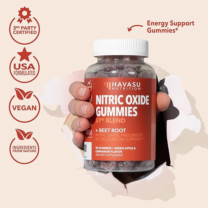 Nitric Oxide Gummies for Men and Women with L-Arginine and Beet Root - NO Gummies for Endurance and Recovery - 90 Count - Green Apple and Cinnamon Flavor - Vegan, Non-GMO, 1 Month Supply