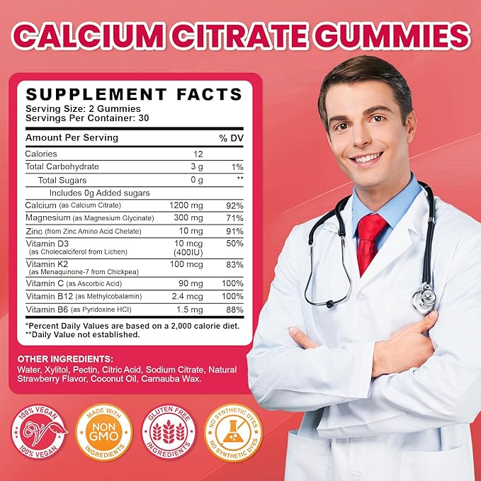 Calcium Citrate Gummies - 1200mg Calcium Gummies Supplements for Women & Men with Vitamin D3, K2, Magnesium, Zinc High Absorption for Bone, Muscle & Immune Support, Strawberry Flavor, 60 Count