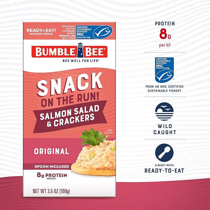 Bumble Bee Snack On The Run Salmon Salad with Crackers Kit - Ready to Eat Protein Snack Pack - 8g Protein per Box - Wild Caught MSC Certified Seafood (Pack of 4)