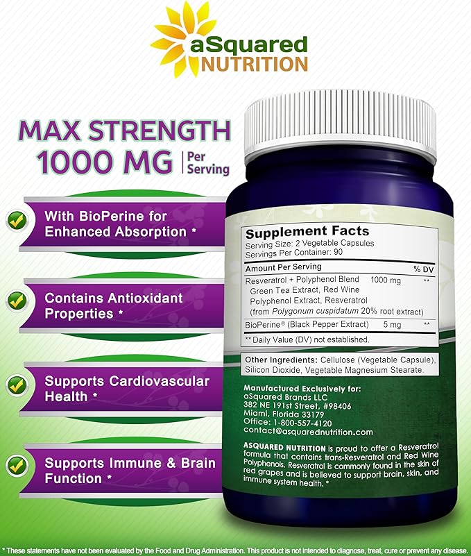 aSquared Nutrition Natural Resveratrol with Red Wine Extract - 180 Capsules - Trans Resveratrol Antioxidant Supplement Pills for Pure Heart Health - Extra Strength Trans-Resveratrol